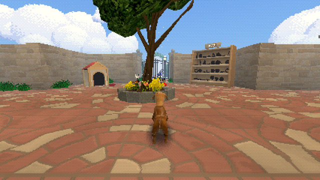 The yard, with the doghouse, the tree and the toy shelf