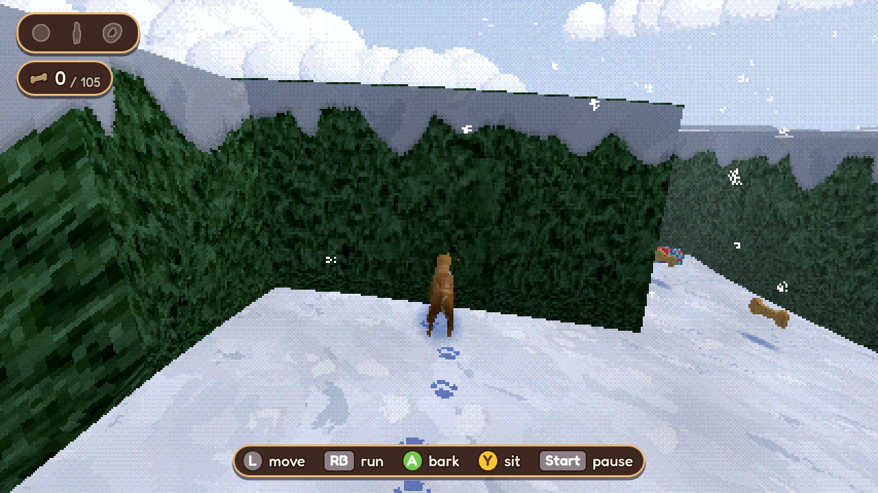 A German Shepherd in a woolly hat and stripy scarf between snowy hedges